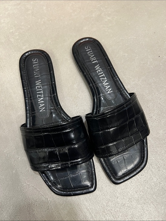 Stuart Weitzman Shoes - Stuart Weitzman Black Croc-Embossed Slide Mules